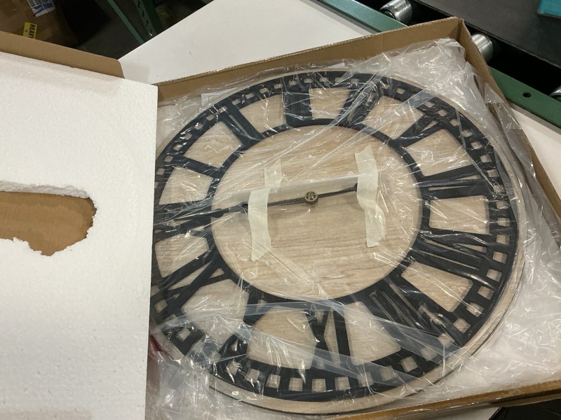 Condition photo showing Good Condition for wooden large wall clocks, silent non-ticking farmhouse wall clock for living room decor with 3d roman numerals for home, office, entryway decor 18x18inch