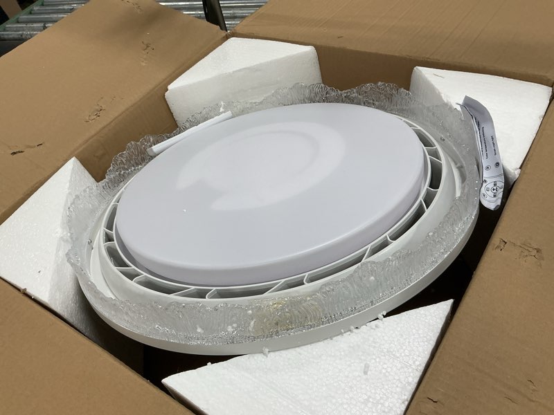 Condition photo showing As Is for 20 inch bladeless ceiling fan with light modern crystal ceiling fan with remote control and 3 level adjustable lighting, white color, suitable for study rooms dining room laundry room white acrylic