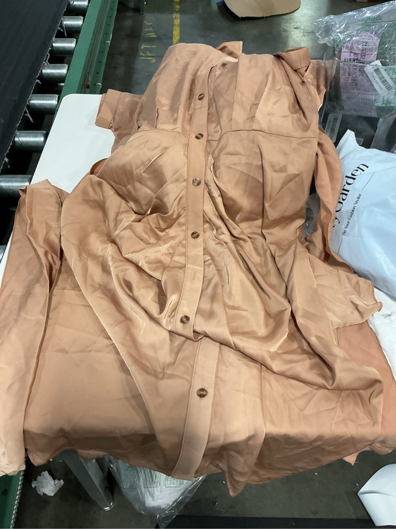 Condition photo showing Good Condition for btfbm women's long sleeve lapel v neck button down satin dresses elegant ruched casual fall maxi shirt dress with belt(solid light khaki, x-large)