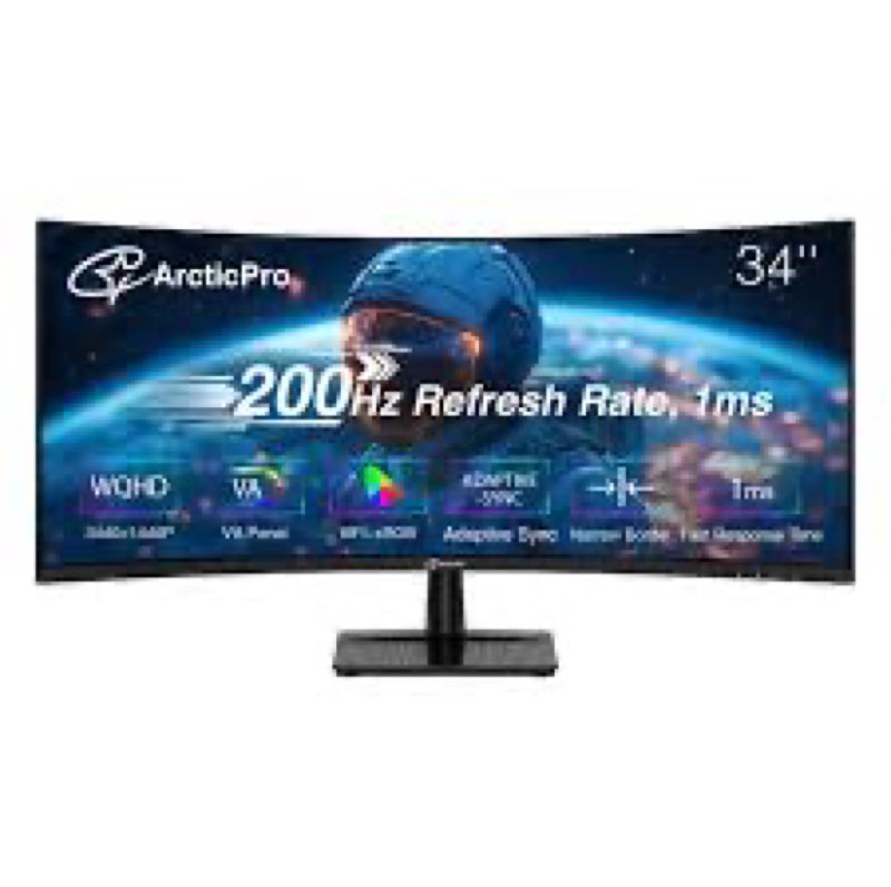 arcticpro 34inch 200hz curved gaming monitor, wqhd 3440 * 1440p computer monitor, 1ms mprt, adaptive sync, 3000:1, 3-sided frameless, ultra slim, 122% srgb, bluelight filter, hdmi(tmds)& dp ports