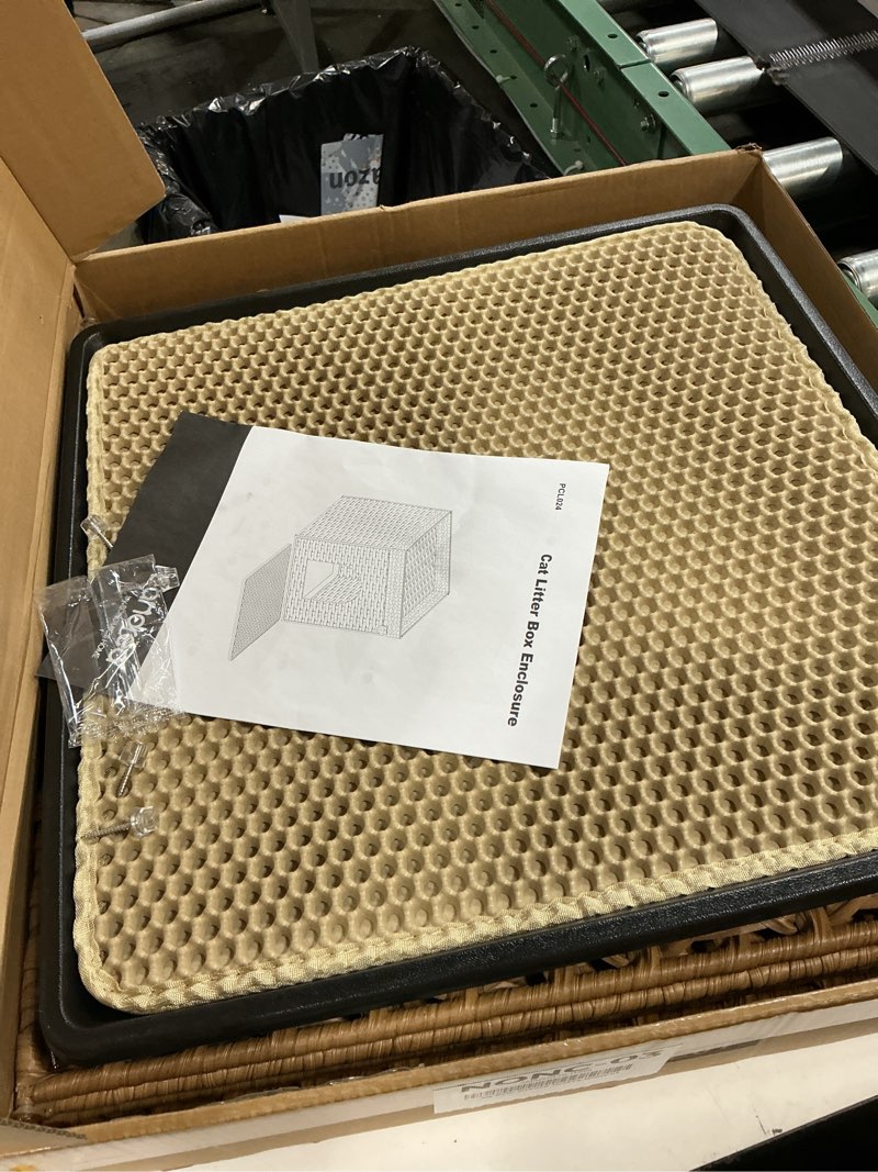 Condition photo showing As Is for feandrea cat litter box enclosure, handwoven rattan hidden litter box furniture with extra mat, removable washable tray, boho cat house, end table, goose yellow upcl024ye01 goose yellow s (20.7"l x 20.7"w x 22"h)