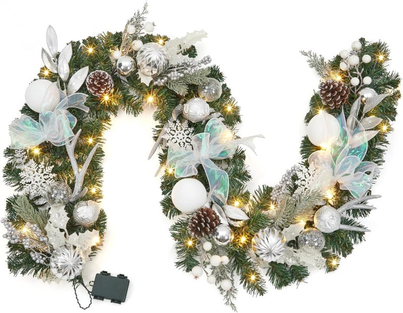 6 Ft Christmas Garland with Lights, Lighted Garland for Decorating Christmas, Christmas Garland Outdoor Waterproof, Pre-lit Garland for Stairs Railing Christmas Table Door Fireplace White - Ribbon Bow