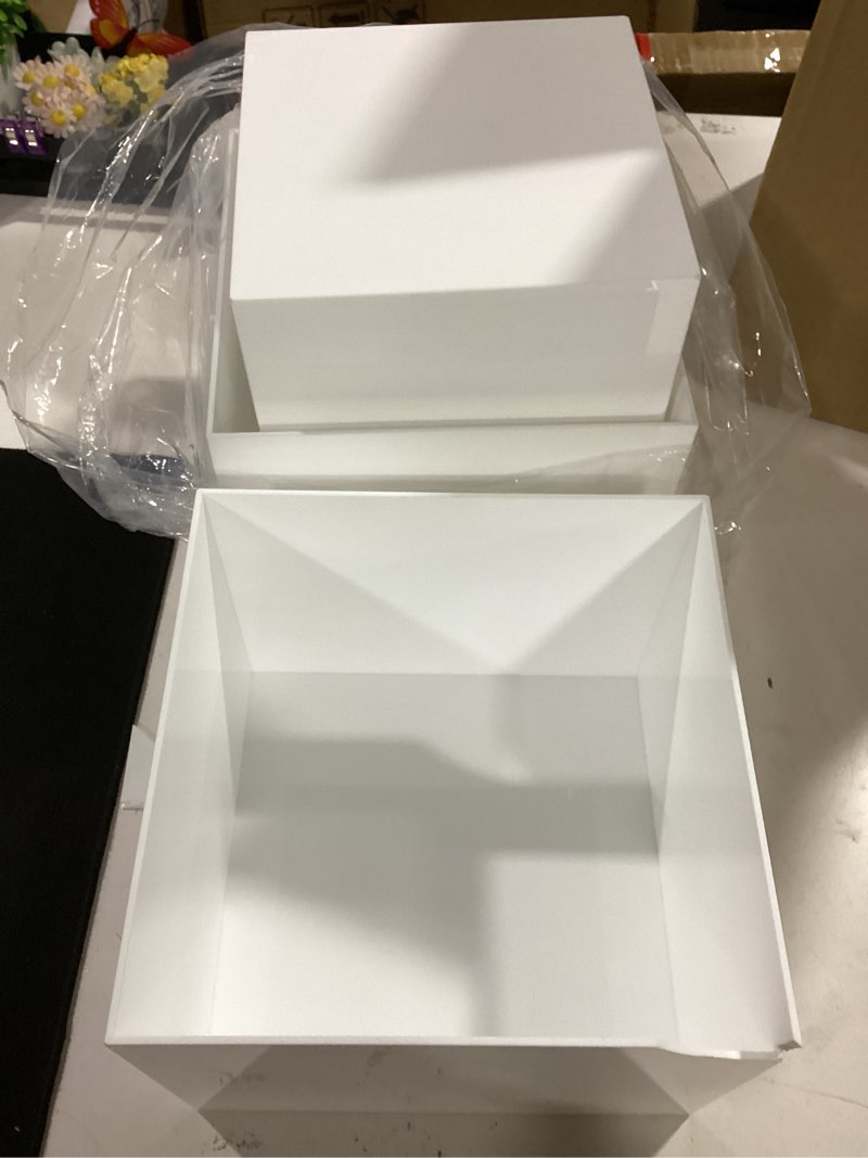 Condition photo showing As Is for buffet risers, food display risers for party, white acrylic risers display stand for buffet table, catering displays for dessert, cube box nesting riser with hollow bottoms (6"x7"x8" 6pcs) 6"x7"x8" 6pcs white
