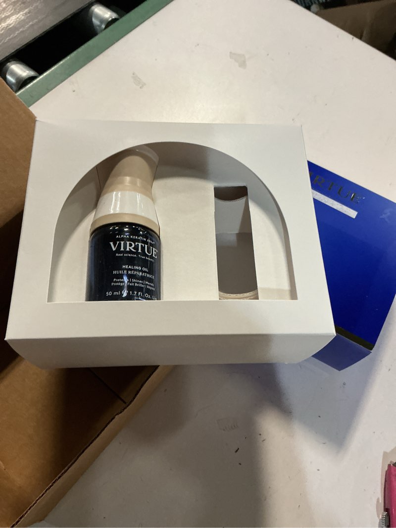 Condition photo showing As Is for virtue healing hair oil home and away set, hair treatment serum for damaged hair, shake to activate, color safe, 2.3 fl oz total