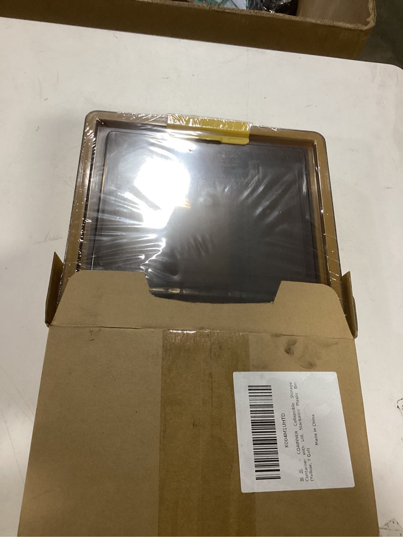 Condition photo showing Good Condition for Collapsible Storage Container with Lid and Latches, 7 Gal Clear Stackable Plastic Tote Bin with Handles for Clothes, Sweater, Blanket (Yellow, Large) Yellow Large