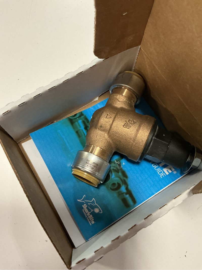 Condition photo showing As Is for cash acme eb45 pressure regulating valve with disconnect clip, direct, 3/4 inch push to connect, poly top, 60 psi, compatible with sharkbite, pva16p-dsb-60 3/4 in., 60 psi poly top