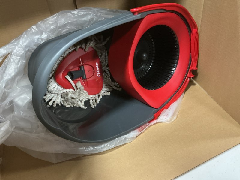 Condition photo showing As Is for o-cedar easywring microfiber spin mop, bucket floor cleaning system, red, gray, standard easywring spin mop & bucket