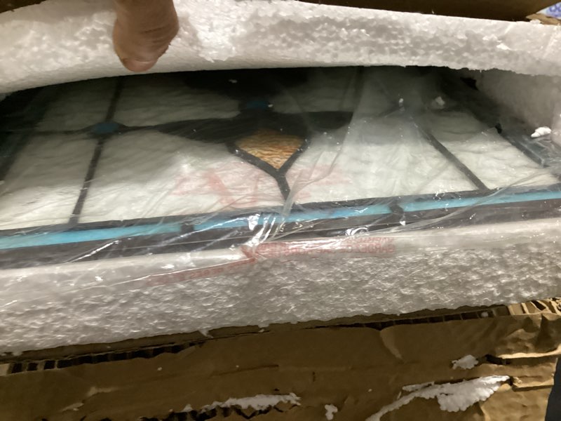 Condition photo showing As Is for yogoart extra large horizontal blue victorian stained glass window panels hanging transom window panels (35" x 12")