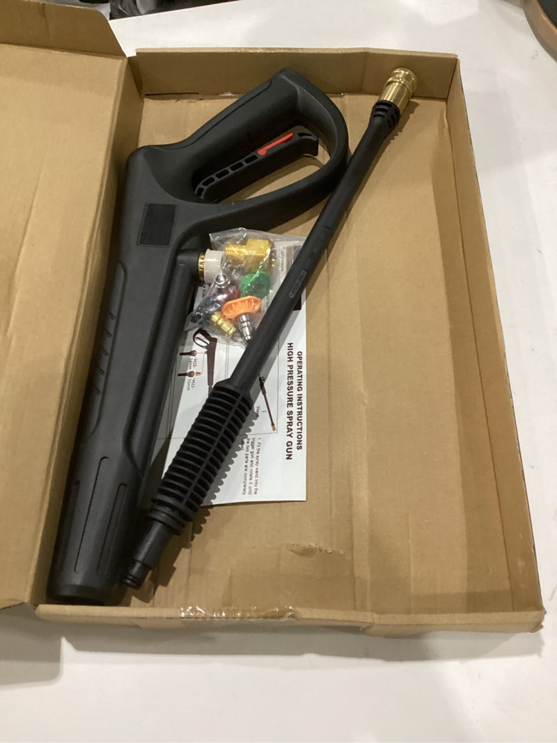 Condition photo showing As Is for pressure washer gun with extension wand & 5 spray nozzle tips, m22-14mm & m22-15mm fitting replacement for ryobi, karcher, powerstroke, greenworks, husky, raptor blast, electric power washer standard nozzle black