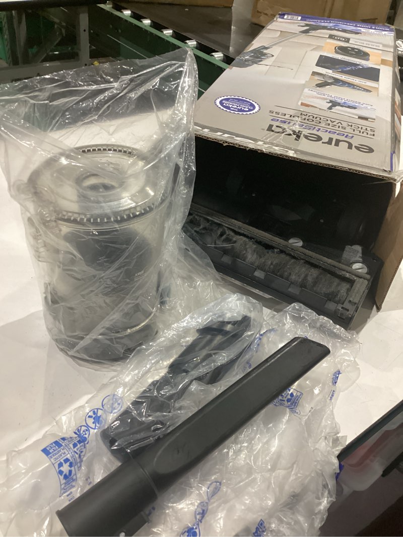 Condition photo showing As Is for eureka cordless vacuum cleaner, anti-tangle brushroll, rechargeable stick vacuum, lightweight for carpet, hard floor, pet hair, black nec451bl