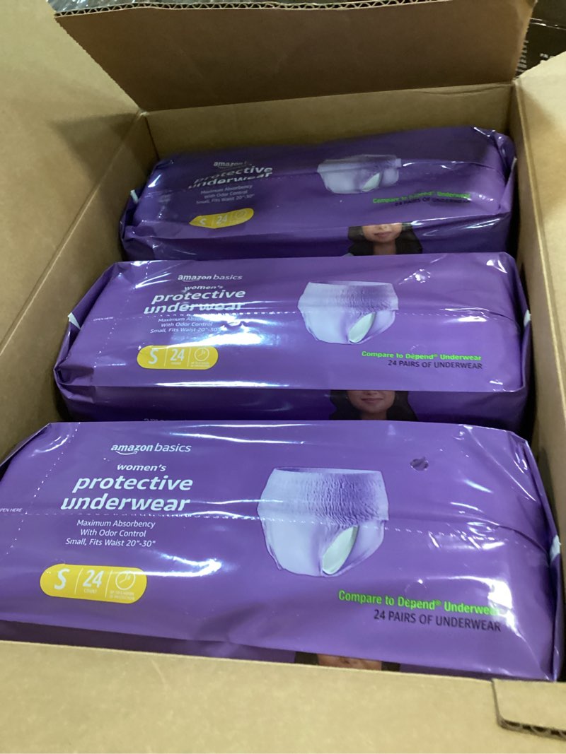 Condition photo showing New/Like New for Amazon Basics Incontinence Underwear for Women, Protective, Disposable, Postpartum, Maximum Absorbency, Small, Lavender, 72 Count (3 Packs of 24) Small 72