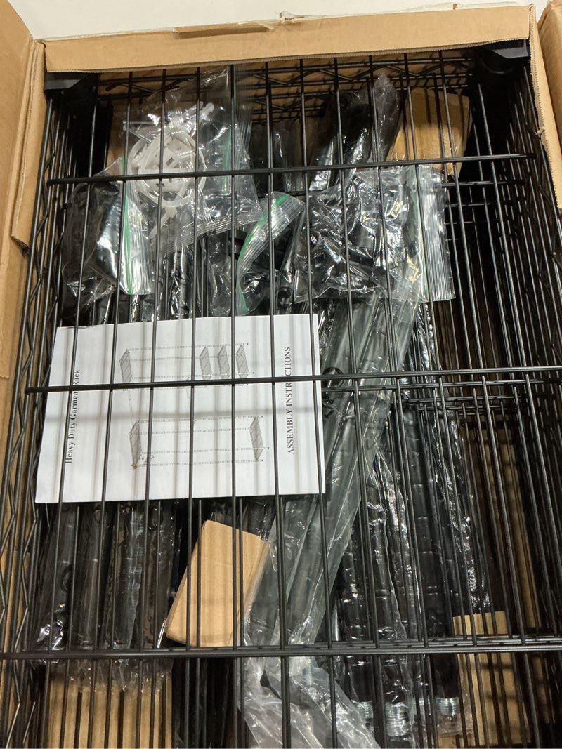 Condition photo showing New/Like New for heavy duty garment rack, portable expandable freestanding 4 tiers adjustable wire shelves clothes rack with 2 retractable poles, 70.9-86.6" l x 15.7" w x 70.9" h, max load 900lbs, black