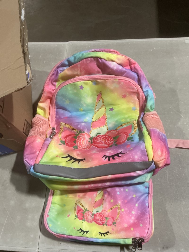 Condition photo showing Good Condition for wzlvo 3pcs unicorn backpack for girls, 16" kids preschool bookbag with lunch box?water resistant school backpacks set for elementary kindergarten gold unicorn