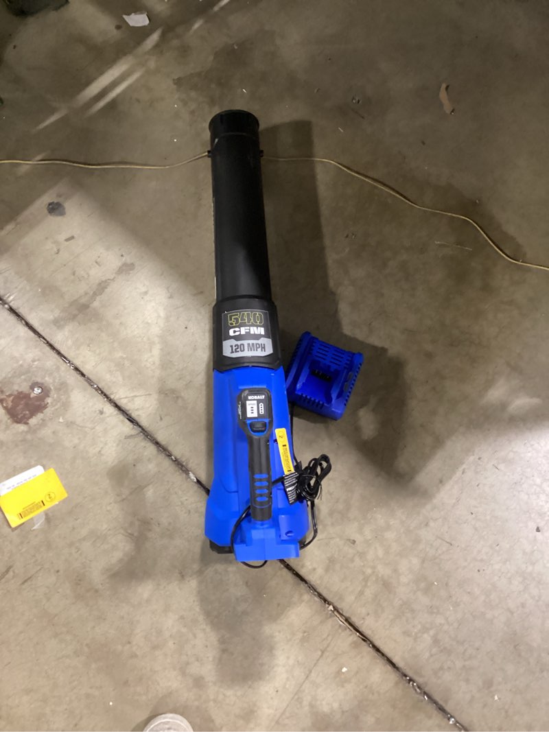 Condition photo showing As Is for kobalt quiet tech 24-volt 540-cfm 120-mph battery handheld leaf blower 4 ah battery included charger included