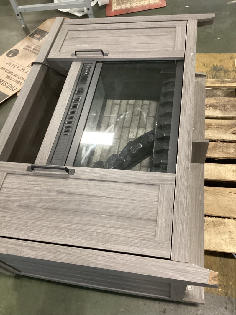 Condition photo showing As Is for Style 48-in W Iron Oak Free Standing Infrared Quartz Flat Wall  Electric Fireplace with Remote Control Included 1730FM-23-273