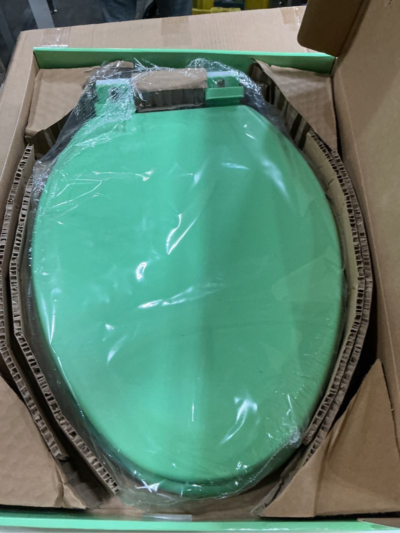 Condition photo showing New/Like New for toilet seat, slow close, soft touch, ultra-smooth matte finish (no orange-peel texture), premium moulded wood, quick release, piklids (green, elongated) green elongated