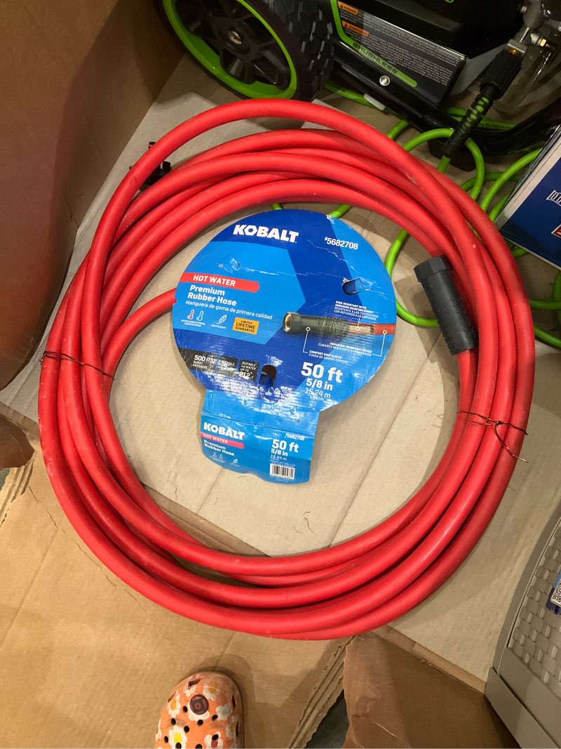 Condition photo showing As Is for kobalt hot water 5/8-in x 50-ft rubber red coiled hose