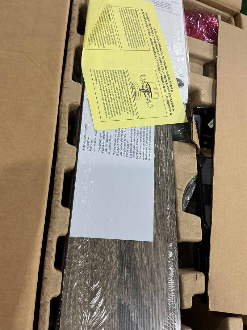 Condition photo showing As Is for harbor breeze armitage 52-in matte black with black/cocoa blades led indoor flush mount ceiling fan with light (5-blade)