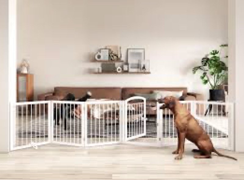 Vantas Folding No-Assembly Metal Pet Gate 120" Wide, 32" Extra Tall Dog Gate with Door Walk Through,
