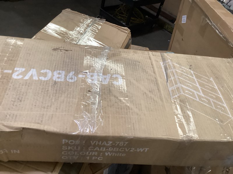 Condition photo showing As Is for simenmax 9 drawers dresser for bedroom, tall fabric closet chests organizer tower furniture with wooden top metal frame for clothes, room, living room, hallway, entryway,white