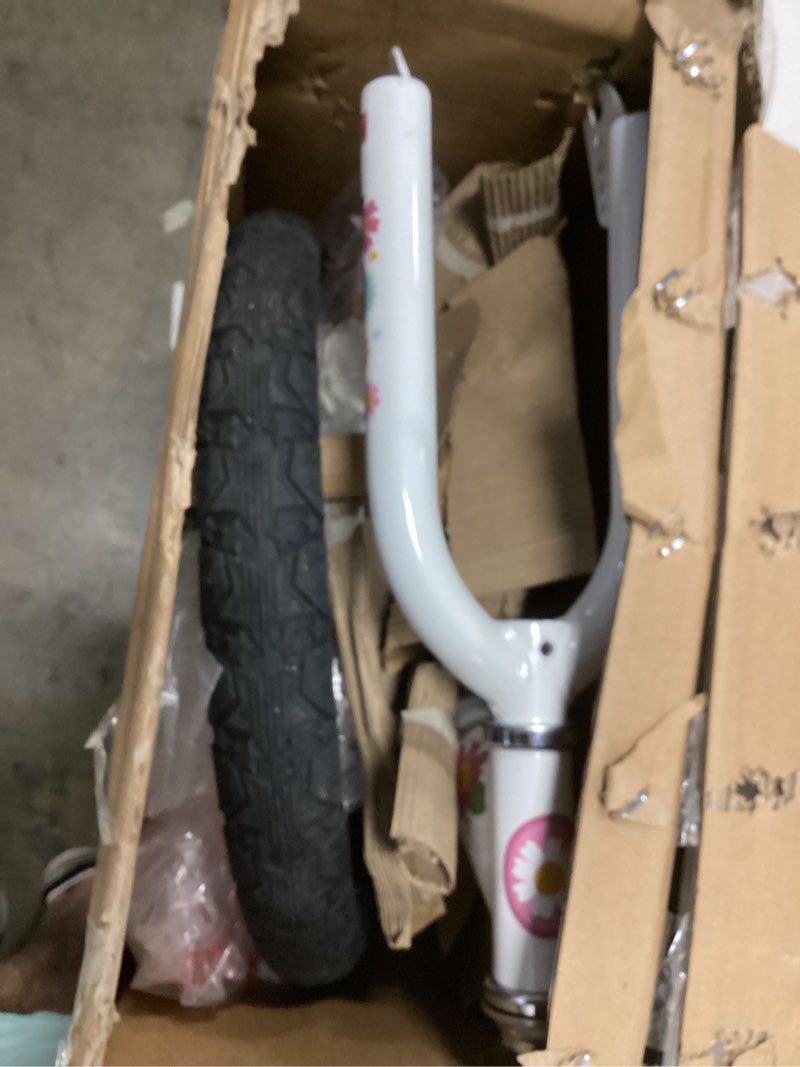Condition photo showing As Is for joystar little daisy kids bike for girls boys ages 2-7 years, 12 14 16 inch girls bikes with doll bike seat & streamers, boys bike with flag & number plate, multiple colors littledaisy-white 16 inch with training wheels