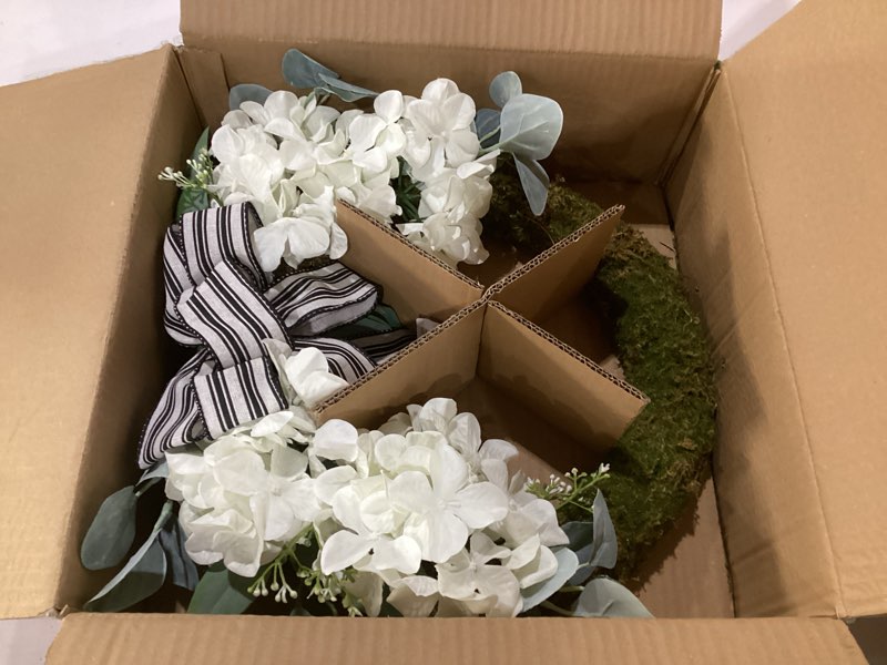 Condition photo showing New/Like New for collective home - artificial wreath, 20" artificial wreath for front door, spring green leaf for window wedding, home porch patio garden decor (flocked moss finish cream hydrangea)