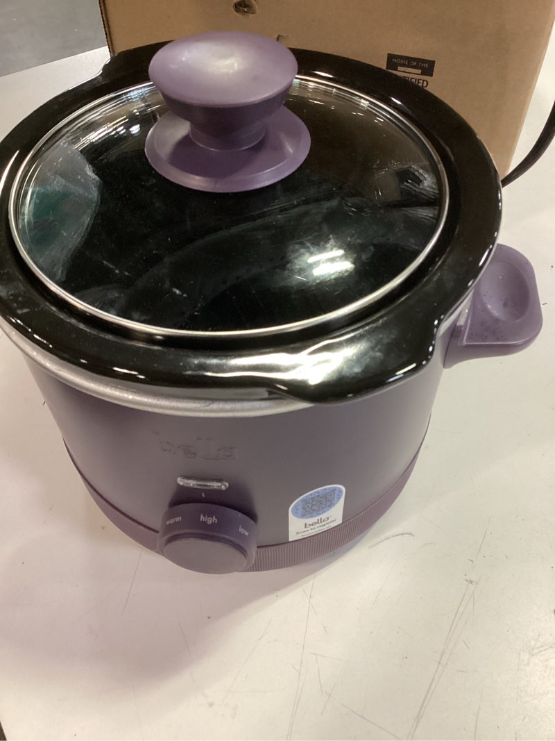 Condition photo showing Good Condition for bella 1.5 Qt Slow Cooker with 3 Heat Manual Control, Ceramic Nonstick Coating, Dishwasher Safe Stoneware Pot and Tempered Glass Lid, Tangle Free Cord Wrap & Cool Touch Handles, Plum