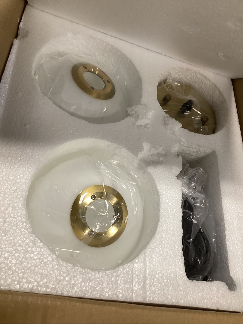 Condition photo showing Good Condition for byoliima modern globe pendant lighting set of two milky white glass shade brass gold farmhouse pendant light 11.81\" dome industrial hanging ceiling light fixture kitchen island dinning room bedroom gold globe-2 pack