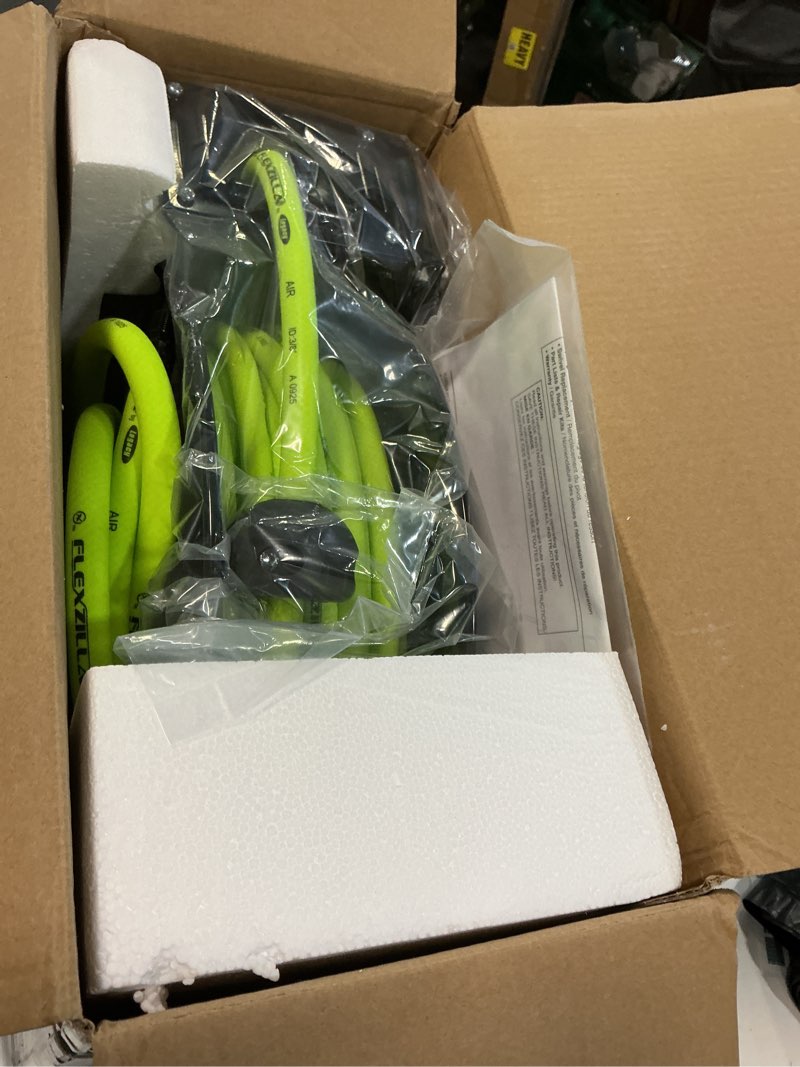 Condition photo showing Good Condition for Flexzilla Open Face Retractable Air Hose Reel, 3/8 in. x 50 ft., Heavy Duty, Lightweight, Hybrid, ZillaGreen - L8611FZ 3/8" (inches) x 50' (feet) Hose Reel