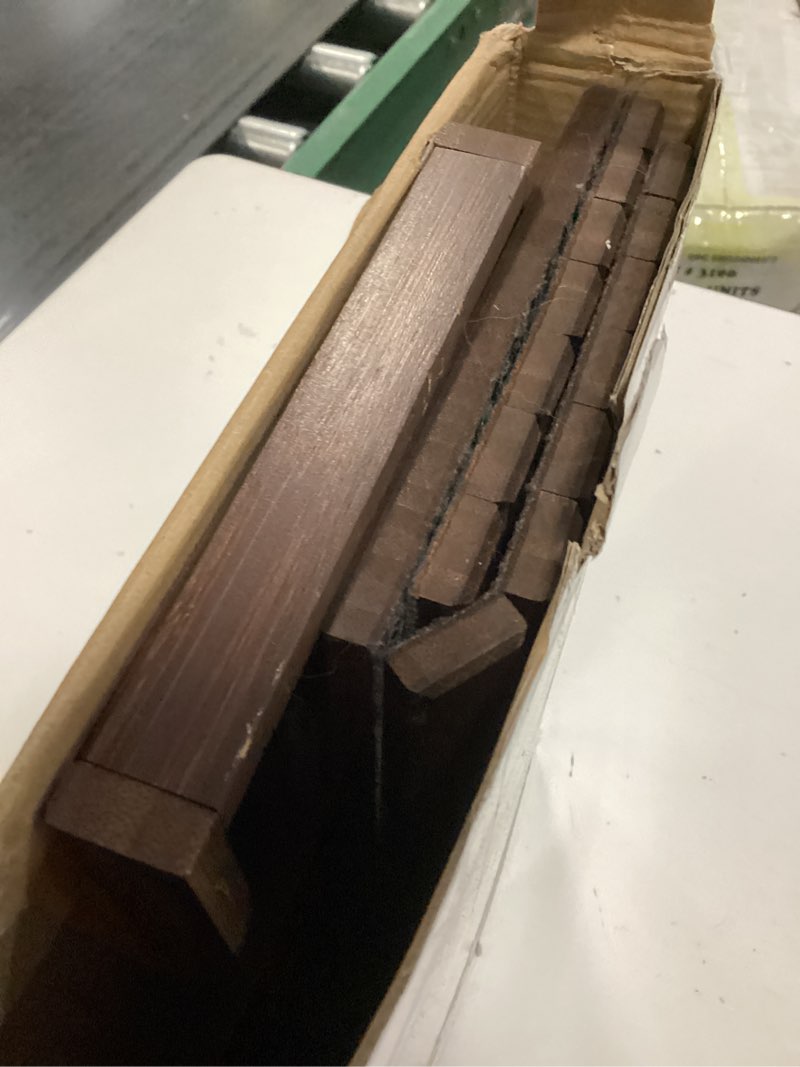 Condition photo showing As Is for detor couch arm tray with spacious 12.4" x 5.4" storage box, walnut bamboo finish, enhanced non-slip felt bottom, sturdy bamboo slats, fits armrests 6" and wider