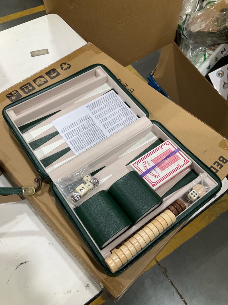 Condition photo showing Good Condition for magnetic travel backgammon set, portable pu leather backgammon board game, 9 inch classic strategy game for adult teens, folding backgammon board with 32 wooden pieces and 5 dices, green