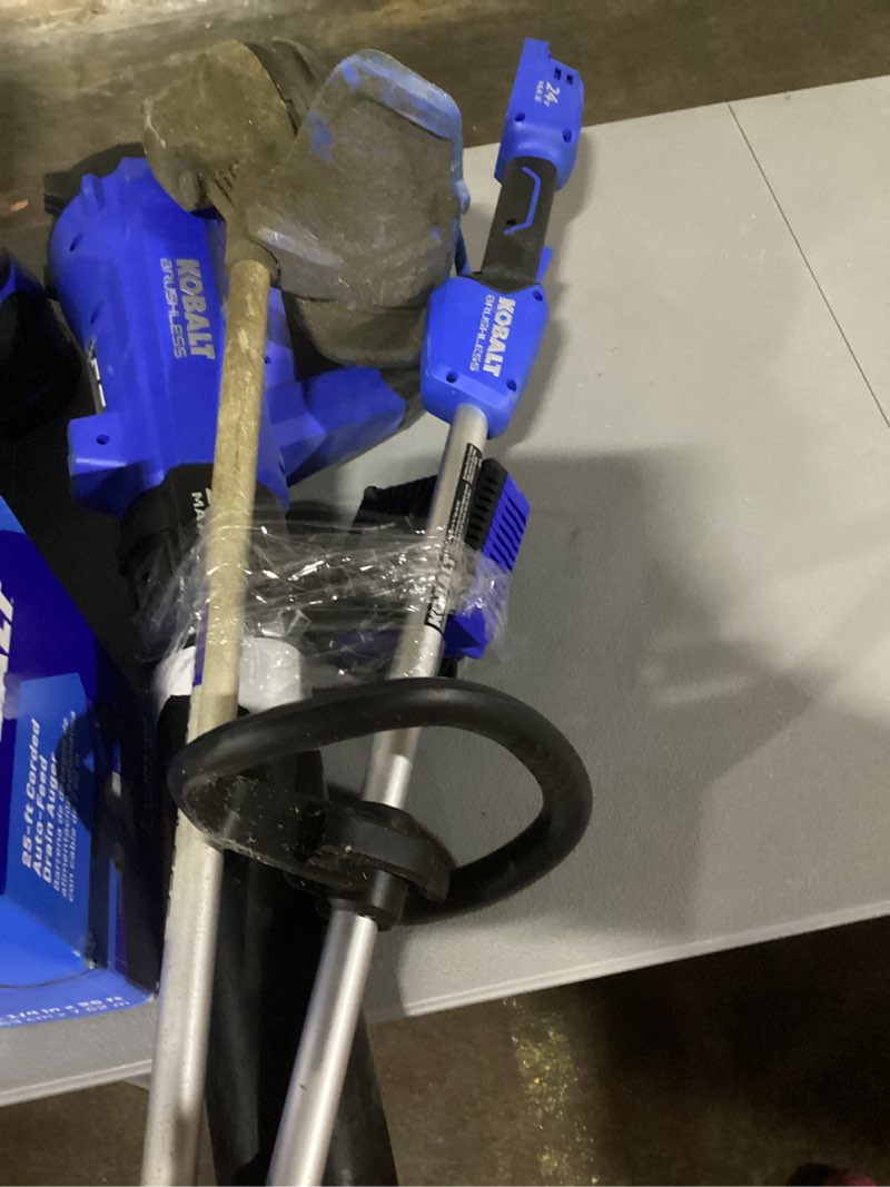 Condition photo showing As Is for incomplete no battery or charger parts only .. kobalt 24-volt cordless battery string trimmer and leaf blower and combo kit 4 ah