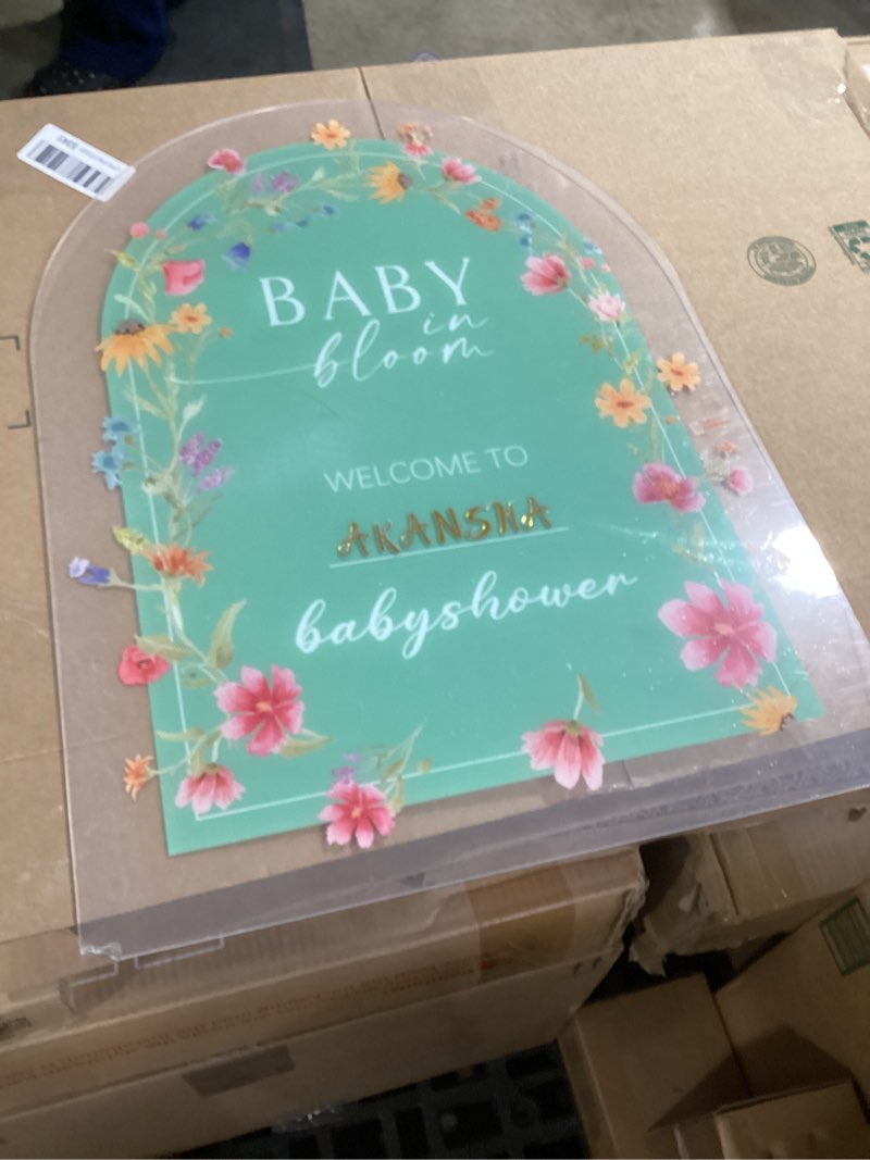 Condition photo showing As Is for 24" x 18" Acrylic Baby Shower Welcome Sign Baby in Bloom Wildflowers Welcome Sign Large Wildflowers Display Stand Decoration for Garden Ceremony Lawn Outdoor Indoor
