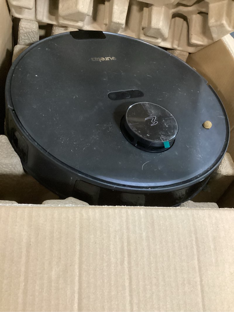Condition photo showing As Is for eureka e20 plus robot vacuum and mop combo, robot vacuum cleaner with bagless self emptying station, 45-day capacity 8000pa suction and anti hair-tangling brush app control lidar navigation black