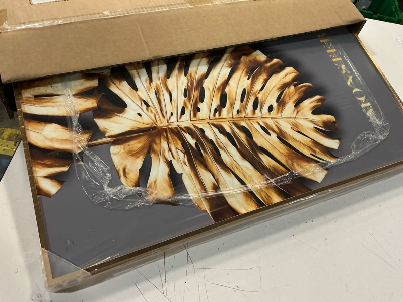 Condition photo showing New/Like New for framed modern luxury gold wall art, set of 3 piece contemporary paintings artwork for walls, golden leaf prints with gold frame, pictures for living room, hallway, bedroom, office wall decor 16x24 inch 16" w x 24" h x 3pcs gold leaf