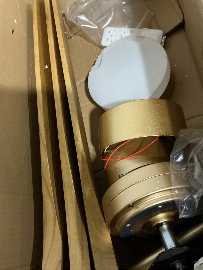 Condition photo showing As Is for 42 inch ceiling fans with lights and remote, dimmable led light, quite reversible dc motor,memory function,modern solid wood indoor outdoor ceiling fan with light for patio office (gold) gold and natural wood 42 inch