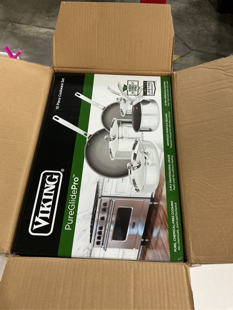 Condition photo showing New/Like New for viking pureglide pro 3-ply nonstick cookware set, made without pfas, 10-piece induction pots and pans set, metal utensil safe titanium nonstick surface, oven safe to 600f