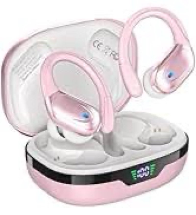 wireless earbuds, sports bluetooth headphones, 80hrs playtime ear buds with led power display, noise canceling headset, ipx7 waterproof earphones for workout/running (pink) light pink