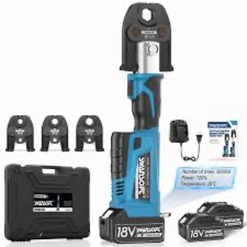 swansoft pro press copper crimper propress tool, 18v electric hydraulic copper crimper tool for 1/2" to 1" pipe crimping, cordless press tool kit with 3 propress jaws,4000mah battery x2, fast charger