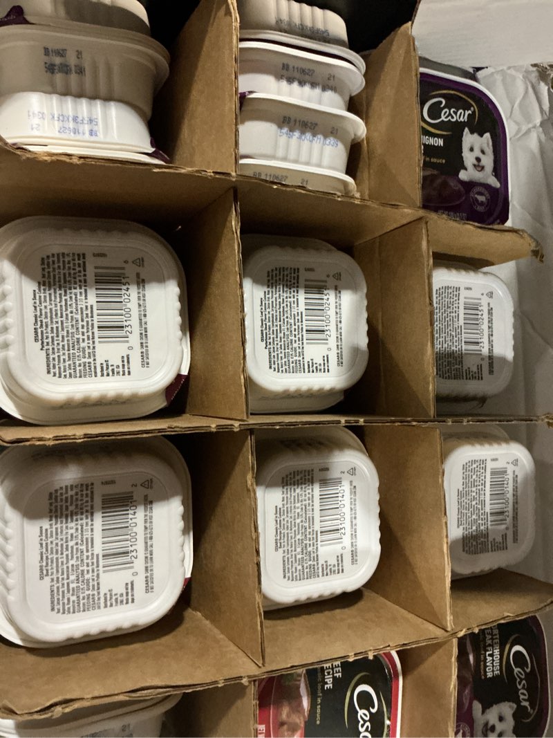 Condition photo showing New/Like New for (bb 11/06/27) cesar wet dog food classic loaf in sauce, filet mignon flavor, porterhouse steak flavor, grilled steak & eggs flavor, and beef flavor, 3.5 oz. easy peel trays, variety pack, 60 count variety pack 48 count (pack of 1)