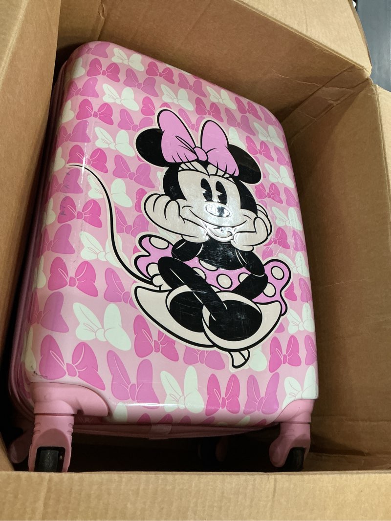 Condition photo showing As Is for ful disney minnie mouse kids suitcase for girls | 21" hardshell carry on kids luggage | pink-bows | rolling suitcase with spinner wheels | airline approved