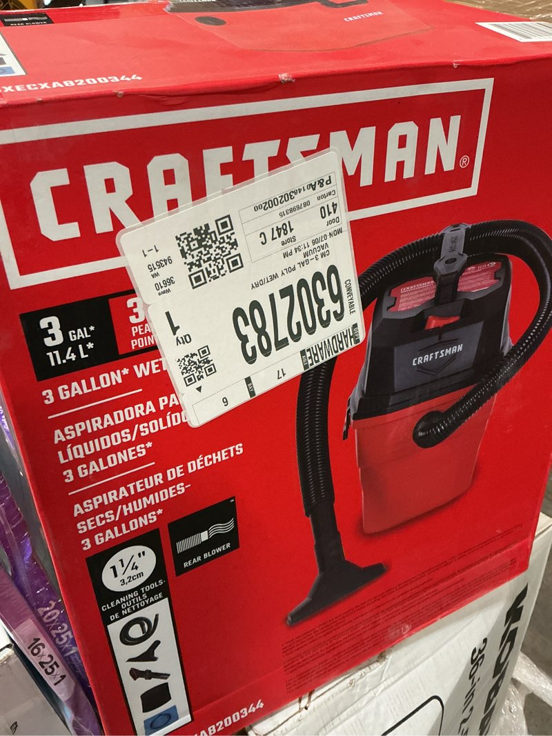 Condition photo showing As Is for craftsman 3-gallon 3 hp corded wet/dry shop vacuum with accessories included