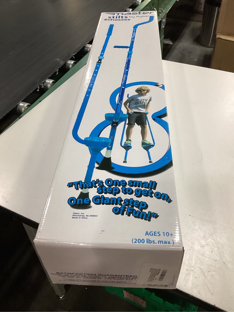 Condition photo showing New/Like New for flybar master walking stilts (large), adjustable height – for ages 10 & up, up to 200 lbs blue edge