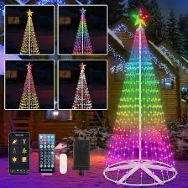8FT Smart Christmas Cone Tree Lights, 388 LEDs Lighted Outdoor Christmas Tree with Timer Remote & AP
