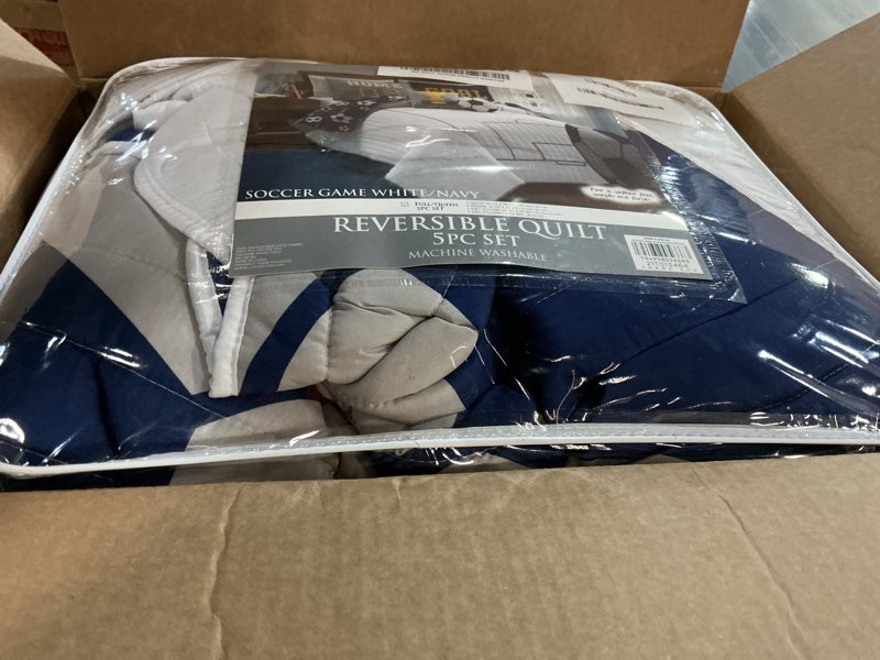 Condition photo showing Good Condition for Lush Decor Soccer Game Reversible Quilt Quen Size 4 Piece Set Full/Queen White & Navy - Toddler Bedding Set Full Quilt - Sports Decor - Soccer Bedding White & Navy Full/Queen