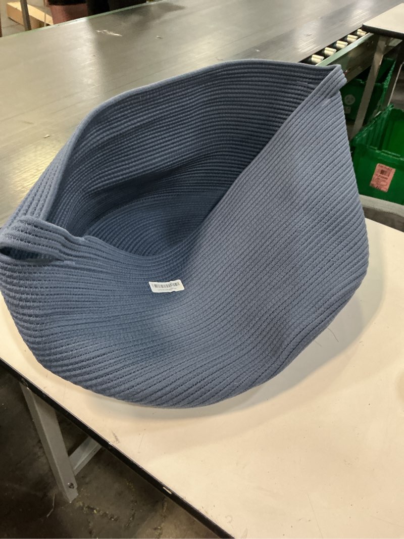 Condition photo showing As Is for MEGASKET Dark Blue Basket for Organizing, 22" x 14" Extra Large Woven Cotton Rope Laundry Basket, Blanket Storage for Living Room Bedroom, Big Nursery Kids Toy Box Organizer, Pool Towel Storage Bin Dark Blue 22"x22"x14"
