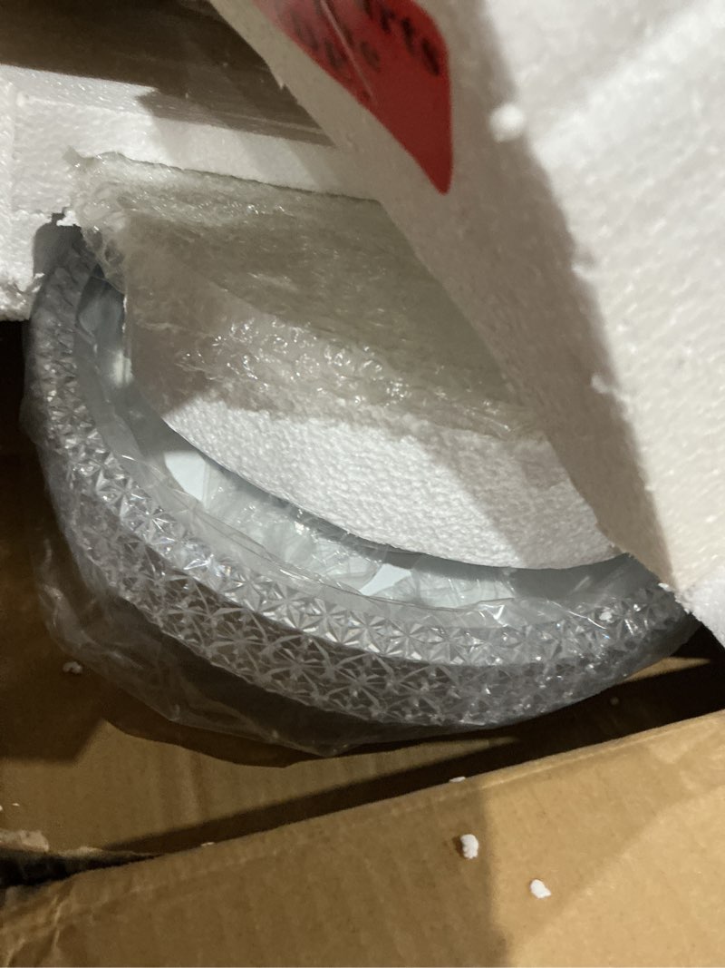 Condition photo showing As Is for kira home maxine 15" modern integrated led crystalline flush mount (25w), 3000k warm white light low-profile clear crystal ceiling light with heavy frosted glass diffuser, white finish