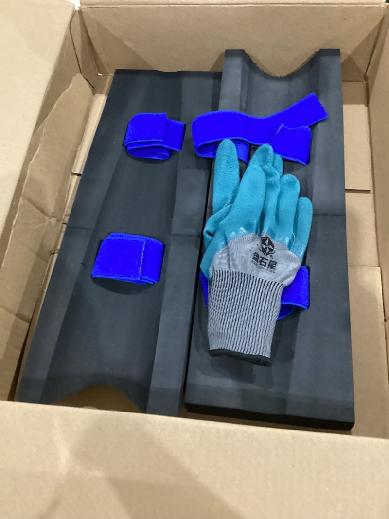 Condition photo showing As Is for toe knee crawler knee pads for attic, high-density foam material, 60 degree hardness, non-slip wide straps, comfortable, lightweight, effective protection for knees and shins, ideal for crawling work, includes free gloves.