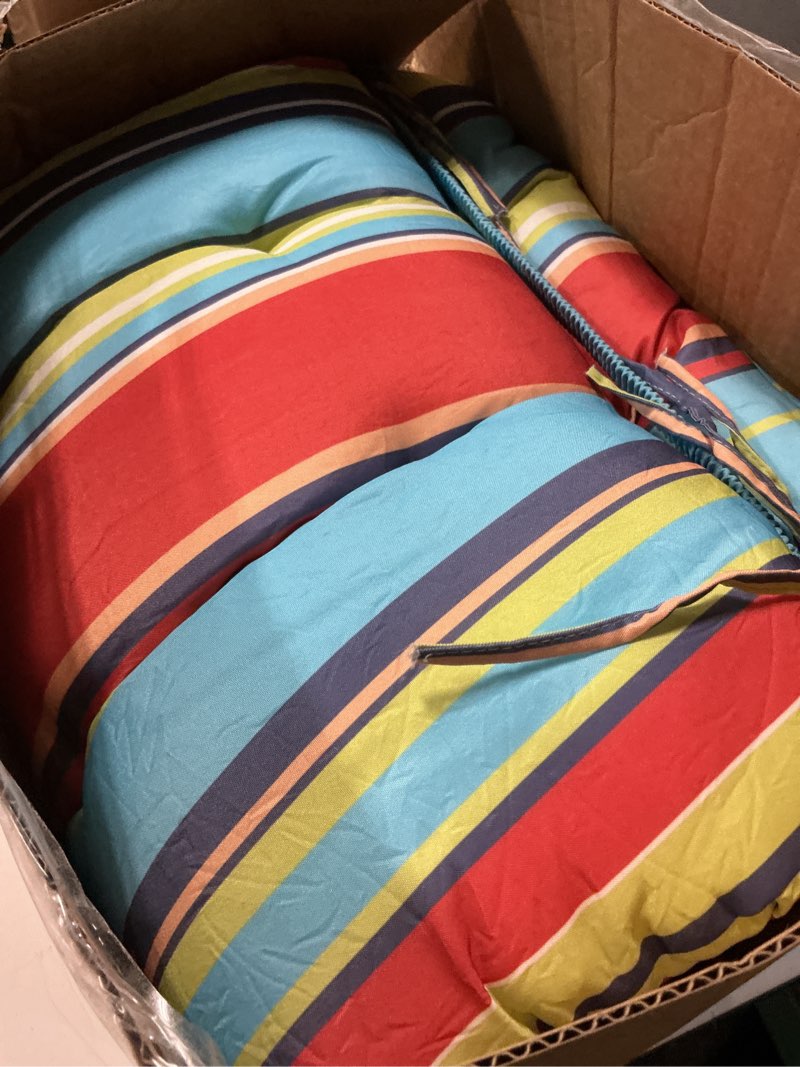 Condition photo showing Good Condition for sannwsg adirondack chair cushion set of 2, rocking chair cushions, high back patio cushions, thickened weather resistant patio cushion with 6 ties, non slip fade & waterproof striped red set of 2