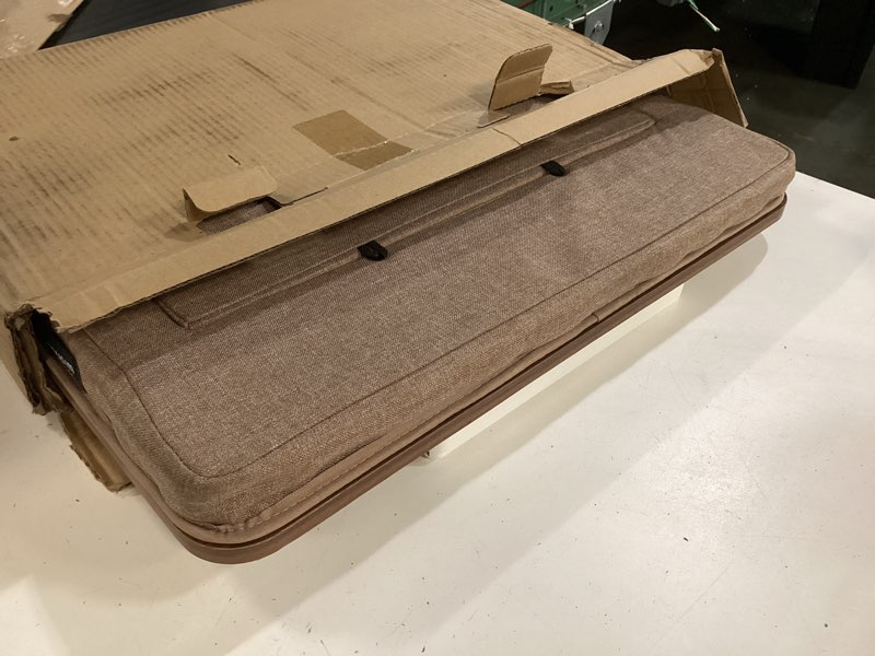 Condition photo showing New/Like New for wishacc lap desk with cushion and hidden book clips, wooden bed desk for laptop and writing, cushioned laptop tray for couch, portable lap desk for adults, car laptop couch table (fits up to 17") walnut medium 21*13 in
